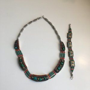 Turquoise and Coral Handcrafted Necklace and Bracelet Set